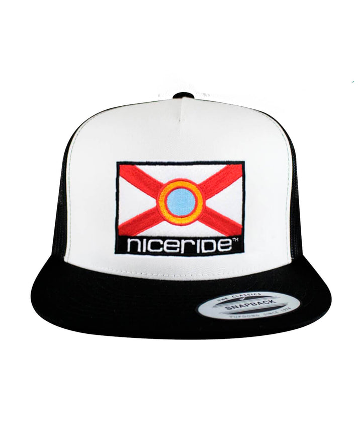 Florida trucker hat featuring NICERIDE embroidery and the Florida flag design.