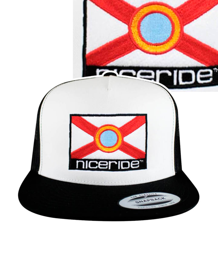 Florida trucker hat featuring NICERIDE logo and flag design, ideal for outdoor activities. Perfect hat for summer wear.