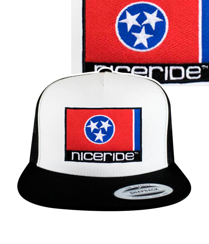 Tennessee Flag trucker hat featuring NICERIDE embroidery on front panel and palm logo on side, a stylish hat.
