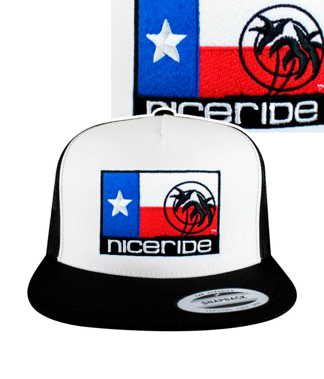 Texas flag trucker hat with NICERIDE embroidery on the front panel and palm logo in Texas colors.