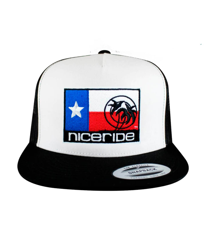 Texas flag trucker hat with NICERIDE logo, embroidered design, and classic snapback style.