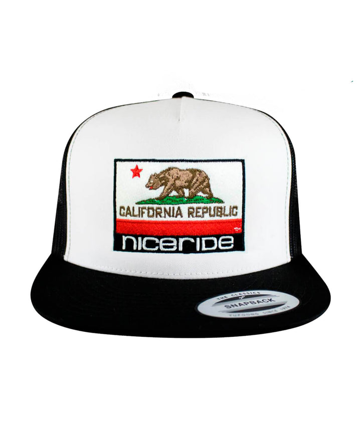 California Flag Trucker Hat with NICERIDE embroidery on front panel and classic palm logo in California colors.