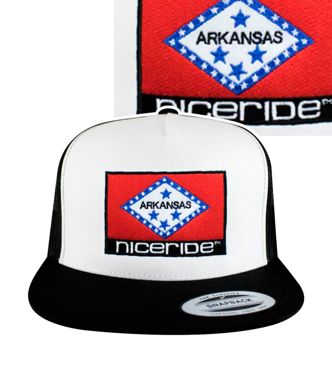 Arkansas trucker hat featuring embroidered flag and NICERIDE logo, perfect summer hat.