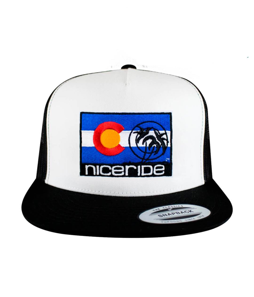 Colorado Flag Trucker Hat with NICERIDE logo, featuring Colorado colors, classic snapback design.