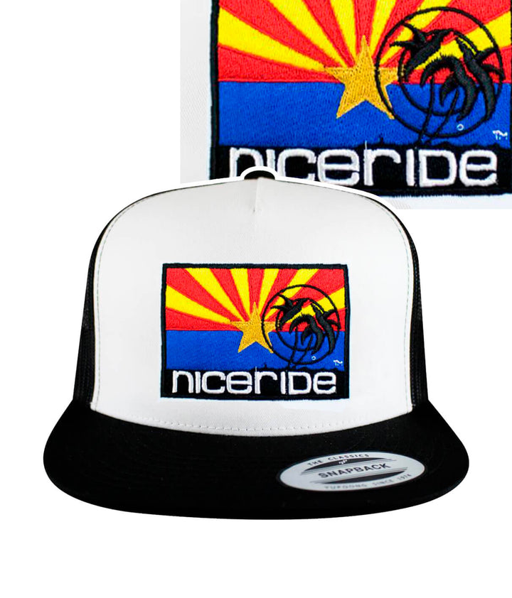 Arizona Flag Trucker Hat featuring NICERIDE embroidery and palm logo in Arizona flag colors.