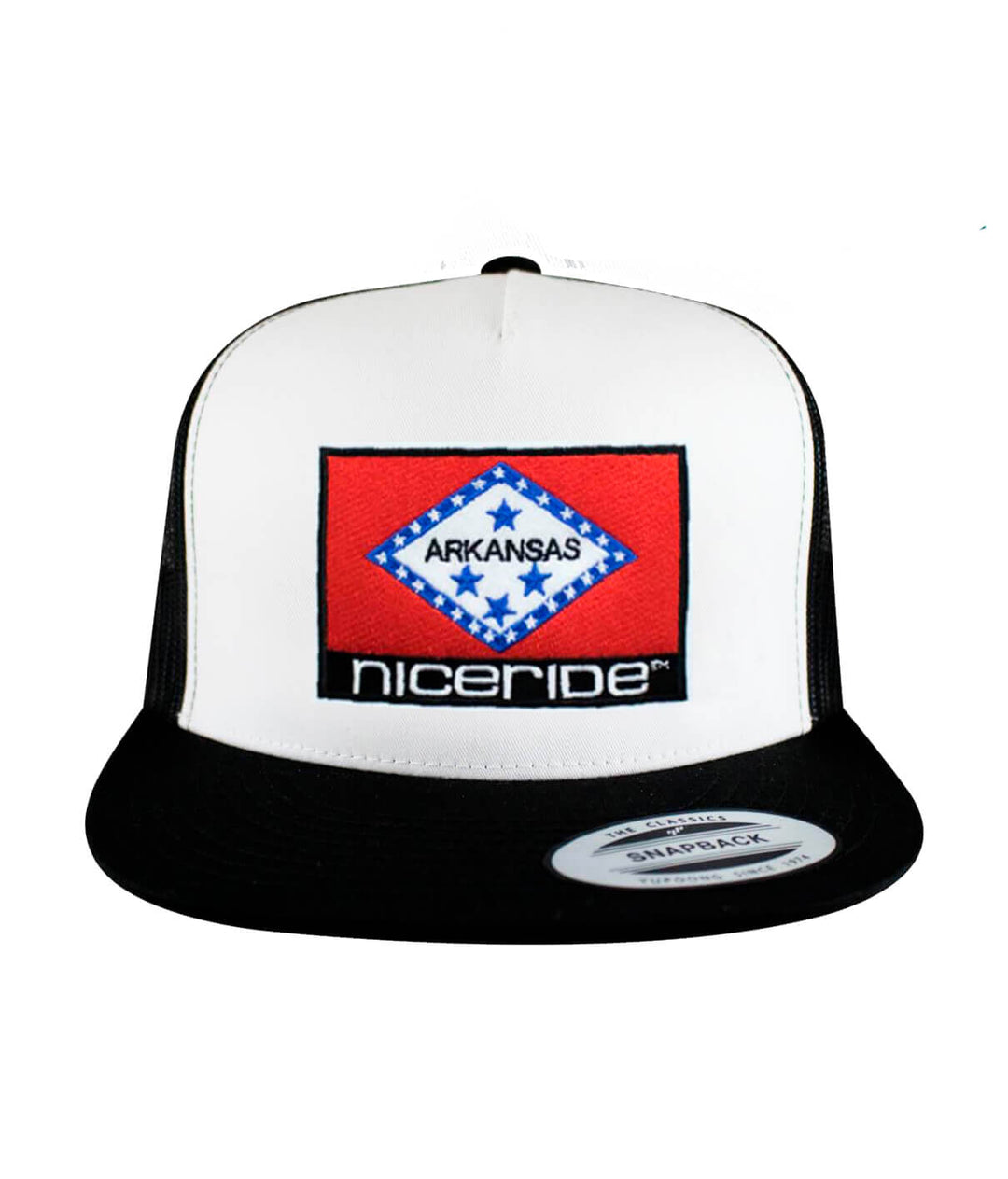 Arkansas Trucker Hat with NICERIDE logo, embroidered flag design, a stylish baseball cap.