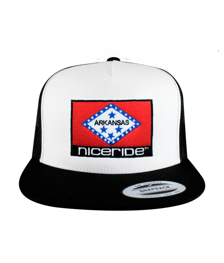 Arkansas Trucker Hat with NICERIDE logo, embroidered flag design, a stylish baseball cap.