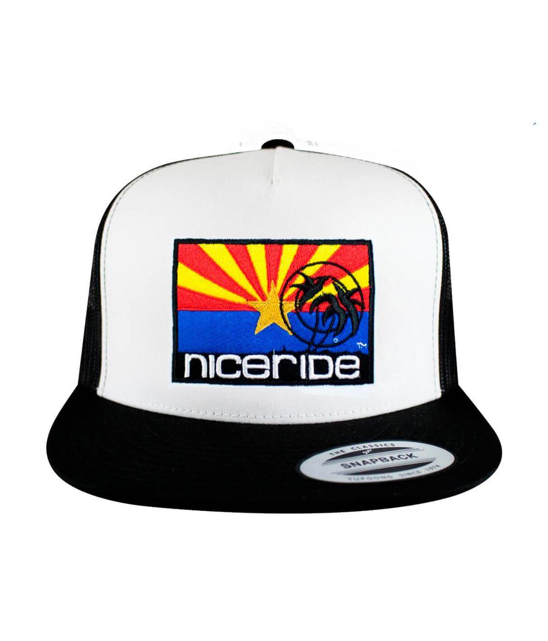 Arizona flag trucker hat with NICERIDE logo and palm design, perfect for showcasing Arizona pride.