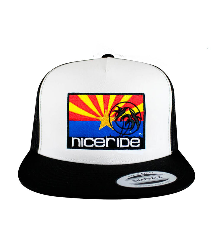 Arizona flag trucker hat with NICERIDE logo and palm design, perfect for showcasing Arizona pride.