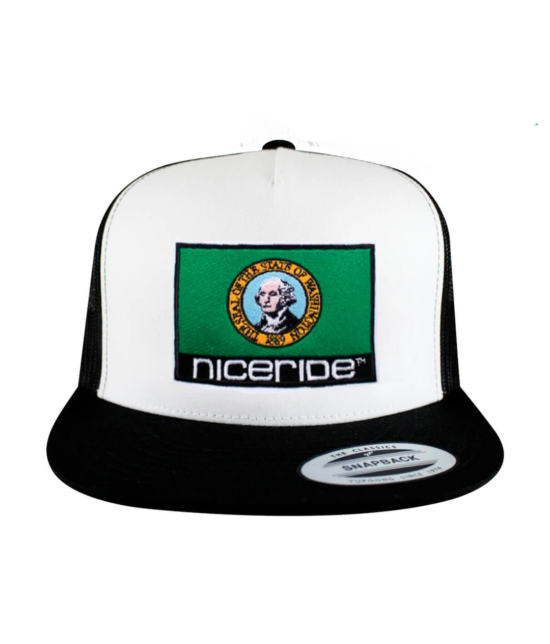 Washington flag trucker hat featuring NICERIDE embroidery on the front and a classic palm logo on the side.