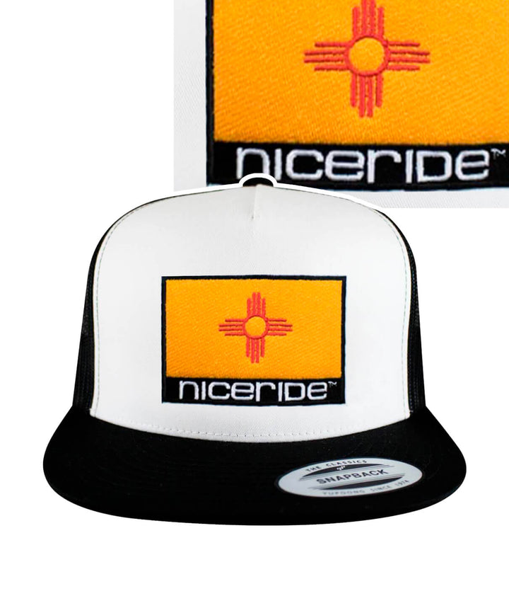 New Mexico flag trucker hat featuring NICERIDE logo, classic style cap with vibrant embroidery.