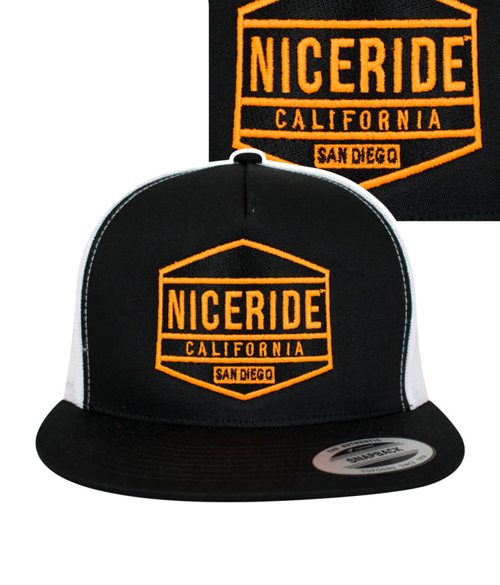 NICERIDE California snapback hat showcasing classic logo design in black and orange.