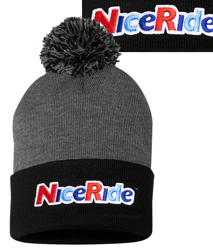 NICERIDE "Smile" puff beanie in gray with a pom-pom and embroidered logo, perfect for cold weather.