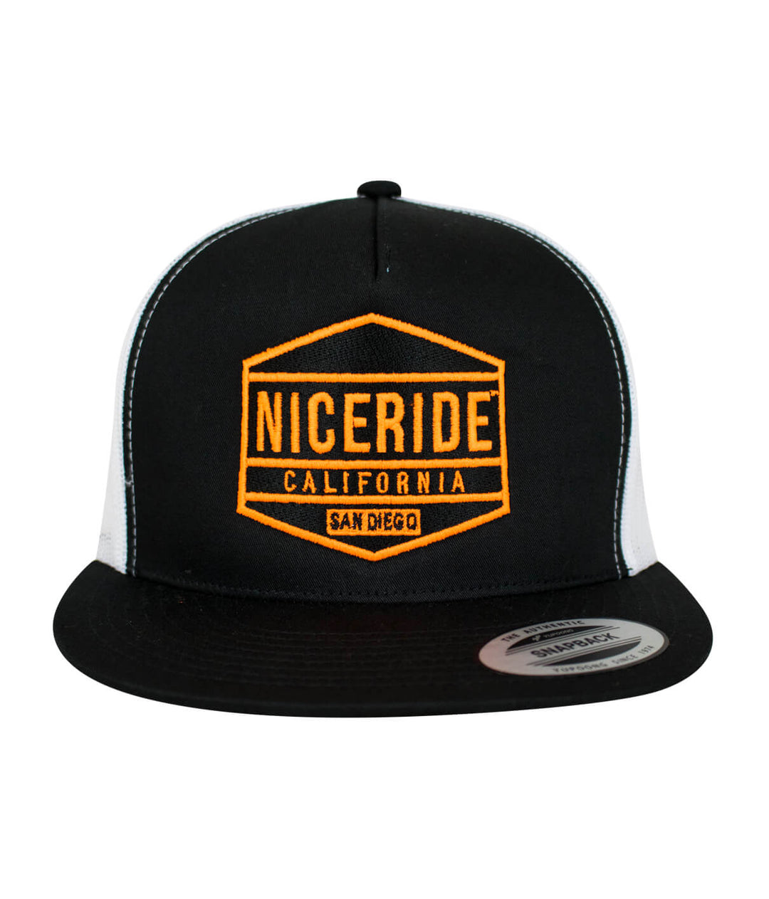 Good Times Trucker Hat featuring NICERIDE design, black and white snapback baseball cap.