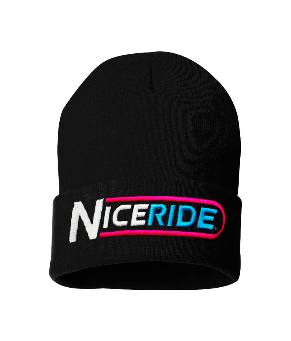 Black beanie with embroidered 'NICE RIDE' logo on the front, perfect for a stylish and warm winter accessory.