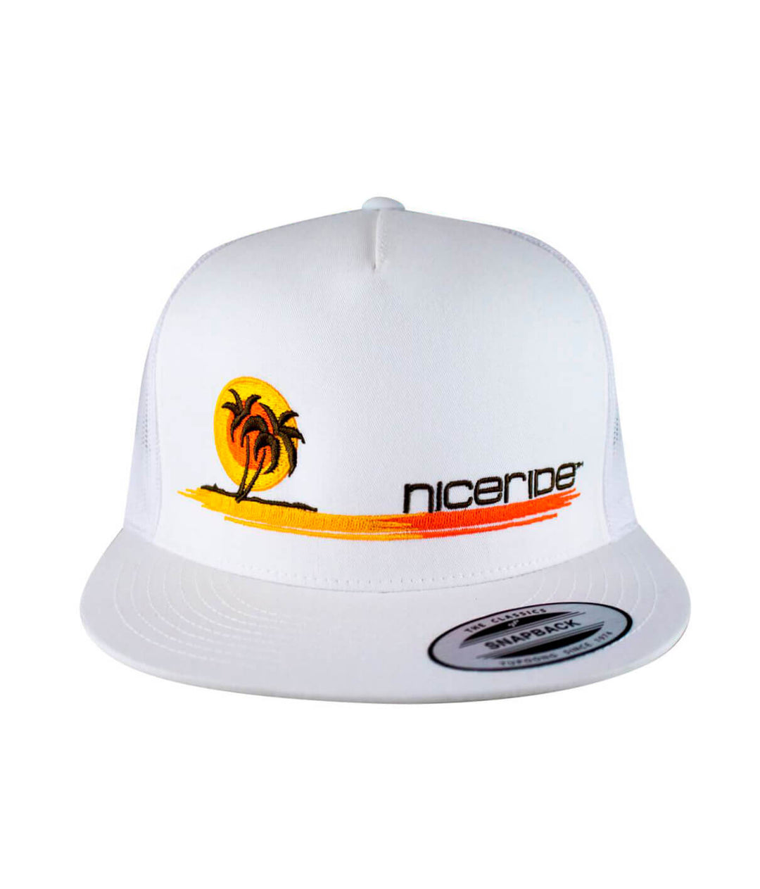 Sunset Trucker Hat featuring palm tree and sun design, a stylish hat by NICERIDE, perfect for summer wear.
