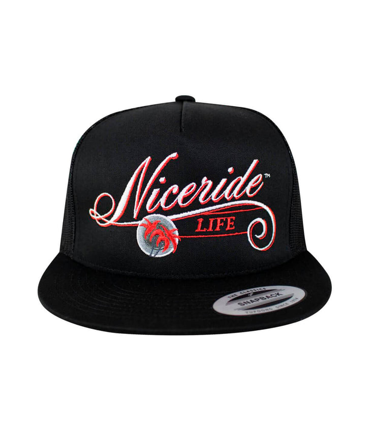 The LIFE - Red trucker hat featuring NICERIDE embroidered logo on the front and palm logo on the back.