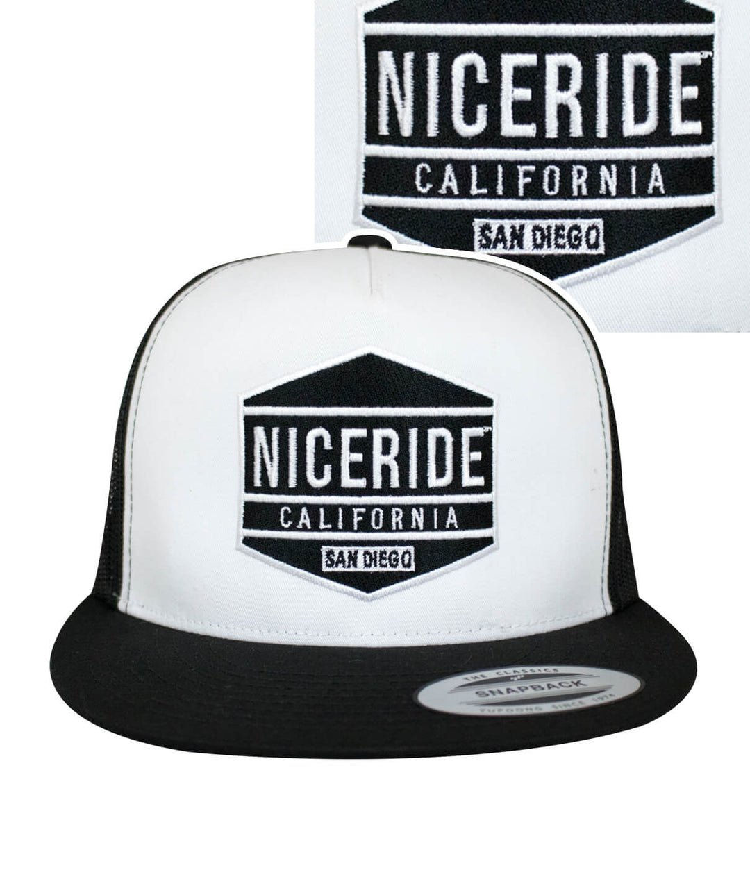 Good Times Trucker Hat featuring NICERIDE design and palm logo, a stylish hat for casual wear.