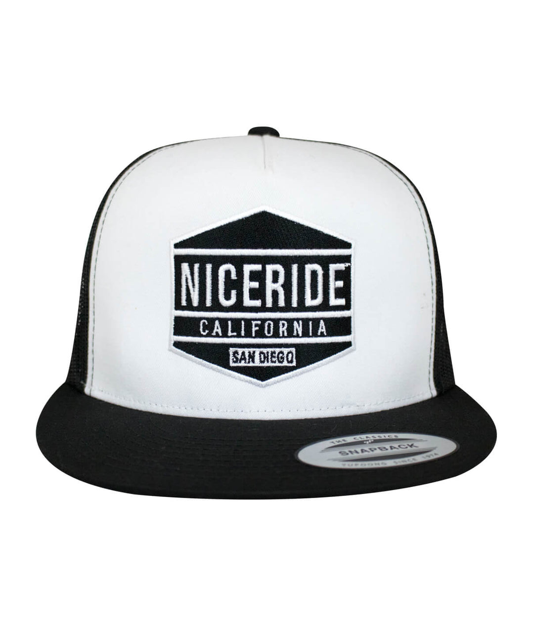 Classic NICERIDE baseball cap with black and white design, featuring a snapback style.
