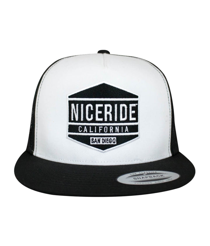 Classic NICERIDE baseball cap with black and white design, featuring a snapback style.