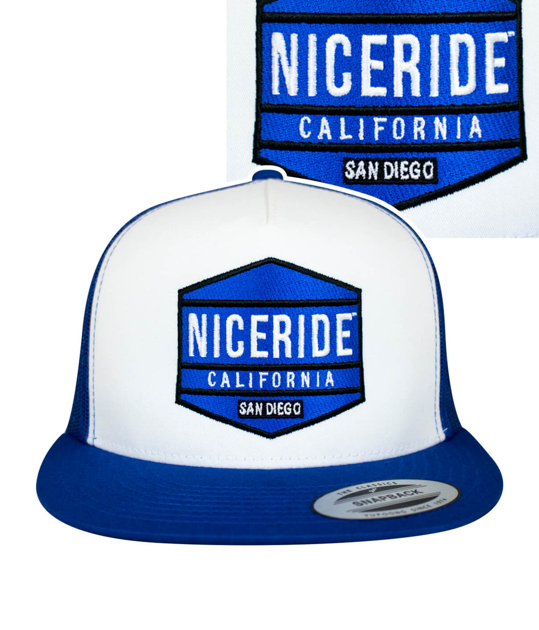 NICERIDE California trucker hat with blue and white design, featuring embroidered logo. Hat for stylish outdoor wear.