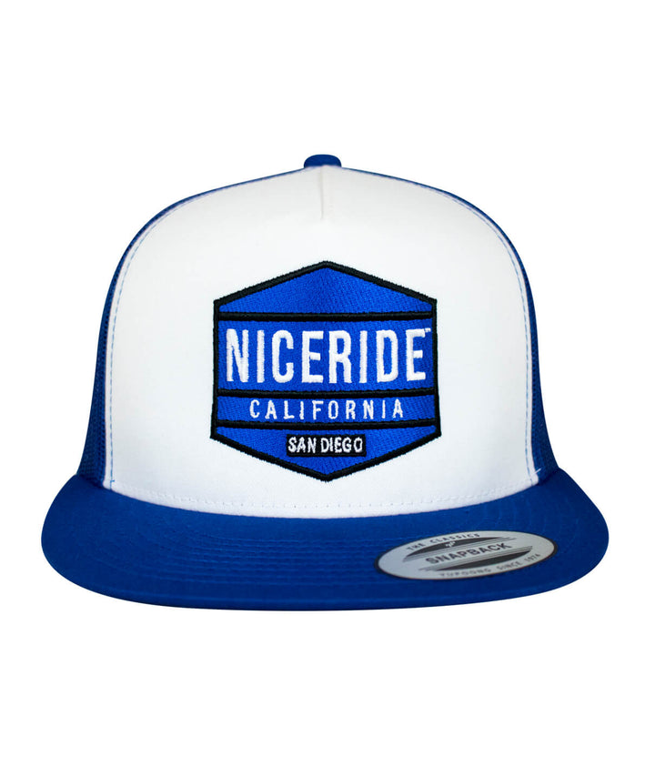 NICERIDE California blue and white hat with embroidered logo, perfect for casual wear and outdoor activities.