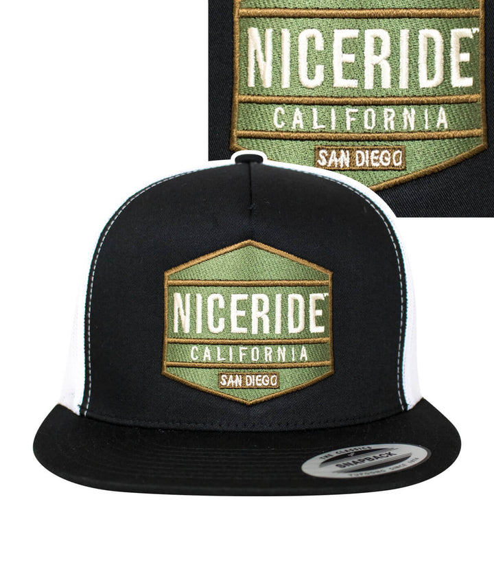 NICERIDE California black and green trucker hat, classic snapback style with embroidered logo.