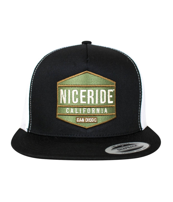 Good Times Trucker Hat, a classic snapback hat with NICERIDE embroidery in San Diego.