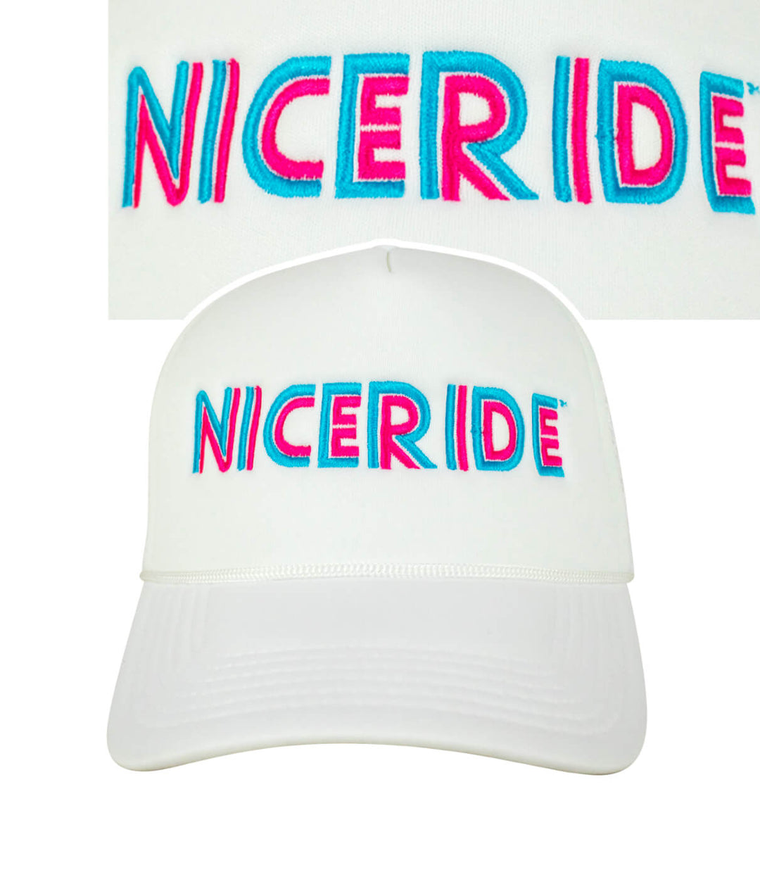 White foam trucker hat with NICERIDE embroidered in vibrant colors on the front, showcasing the hat&