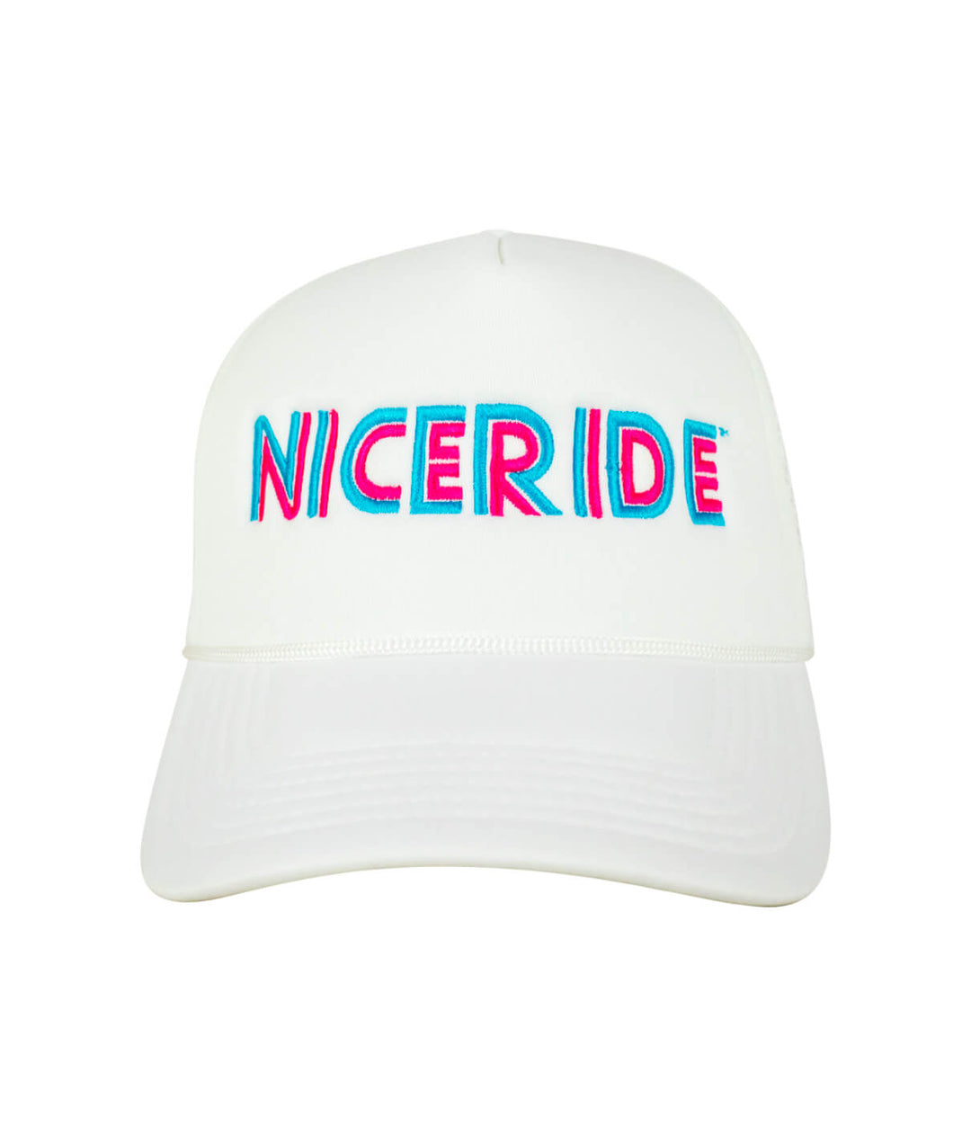 White Foam Trucker Hat with NICERIDE embroidered logo on the front, perfect summer accessory and casual wear hat.