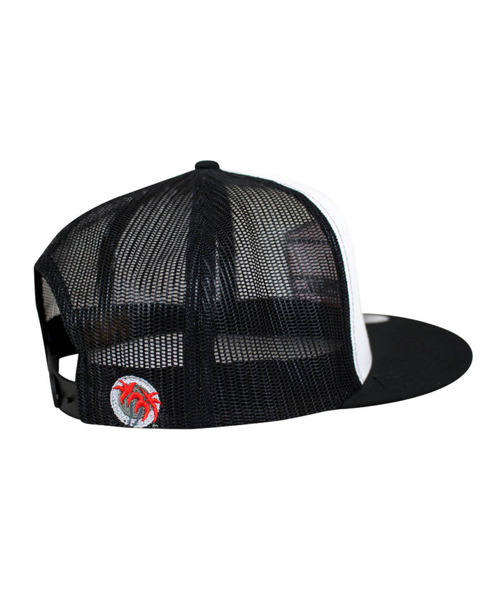 Back view of the Good Times Trucker Hat showcasing the black mesh and palm logo embroidered detail.
