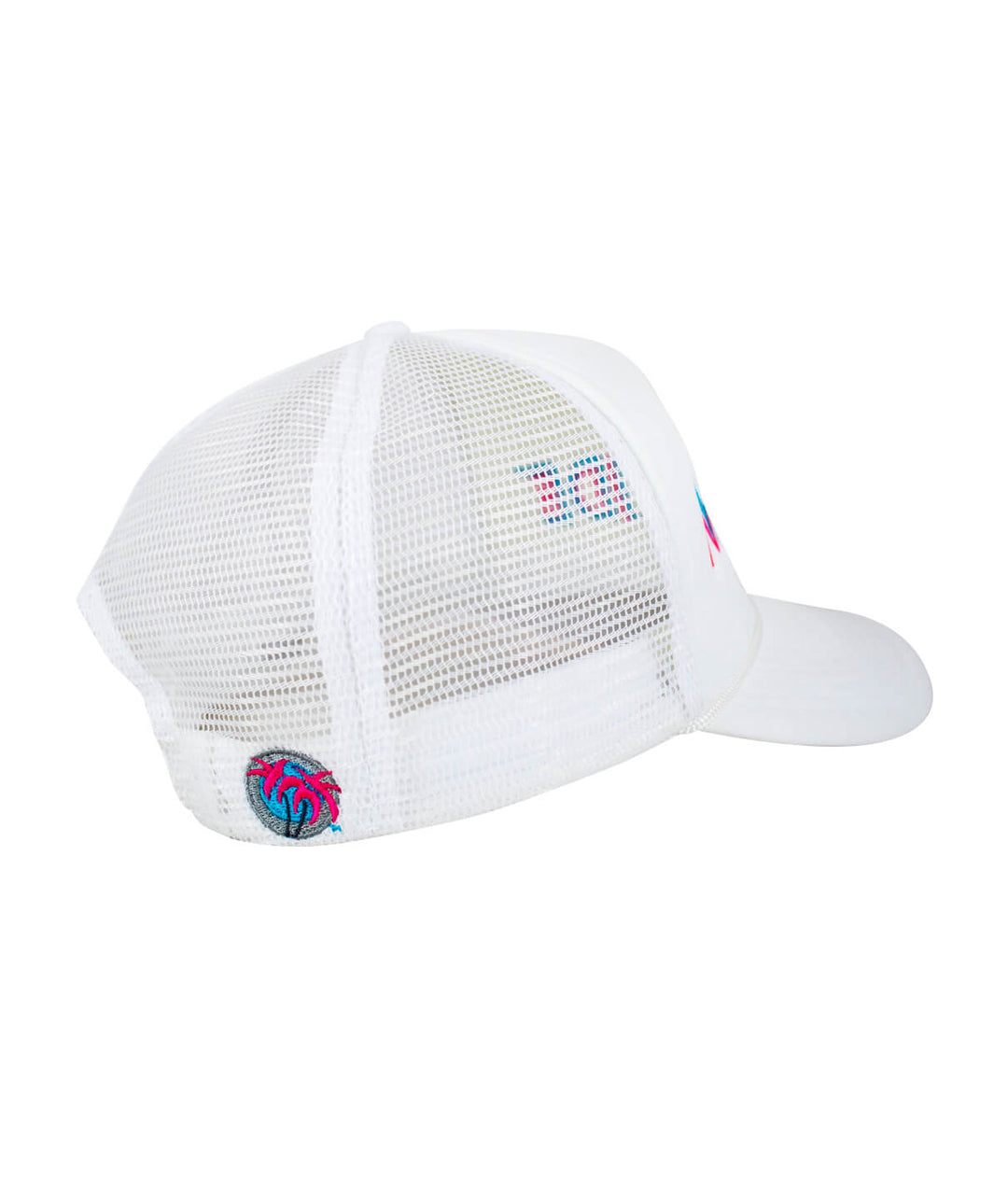 Side view of a "Disco" Foam Trucker Hat showing the NICERIDE palm embroidery, designed for stylish summer outfits.
