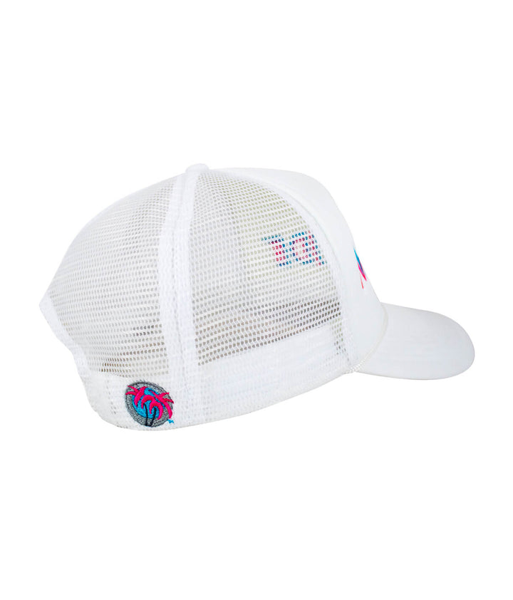 Side view of a "Disco" Foam Trucker Hat showing the NICERIDE palm embroidery, designed for stylish summer outfits.