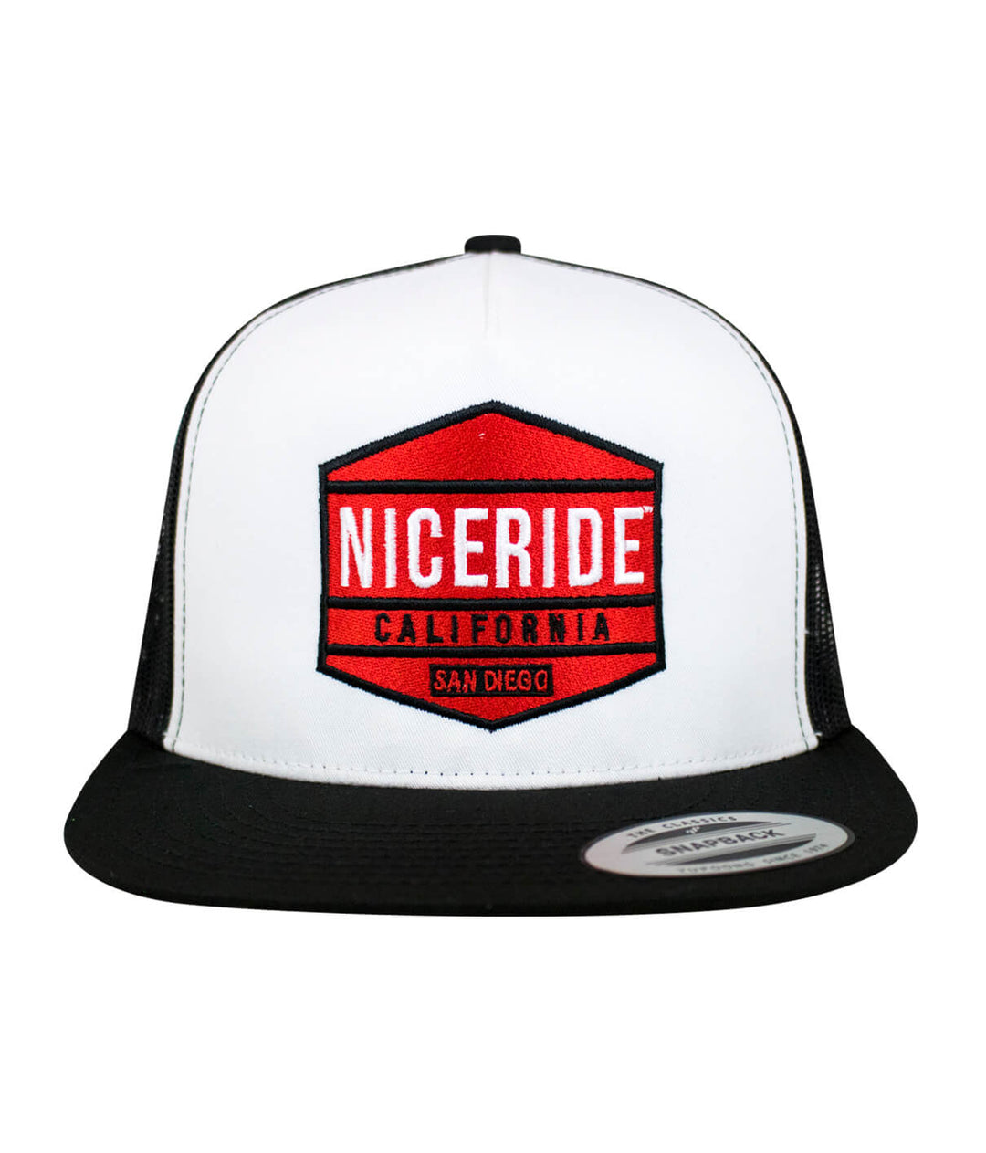 NICERIDE California snapback hat featuring embroidered logo in red and black on a white trucker cap.