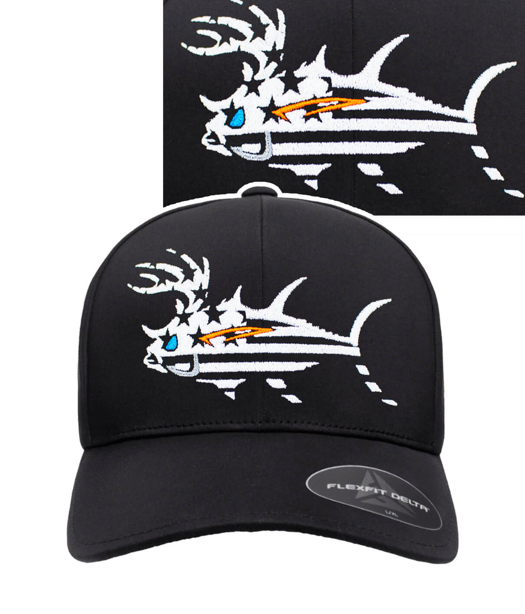 A black and camouflage cap with a glow in the dark fish embroidered on it.