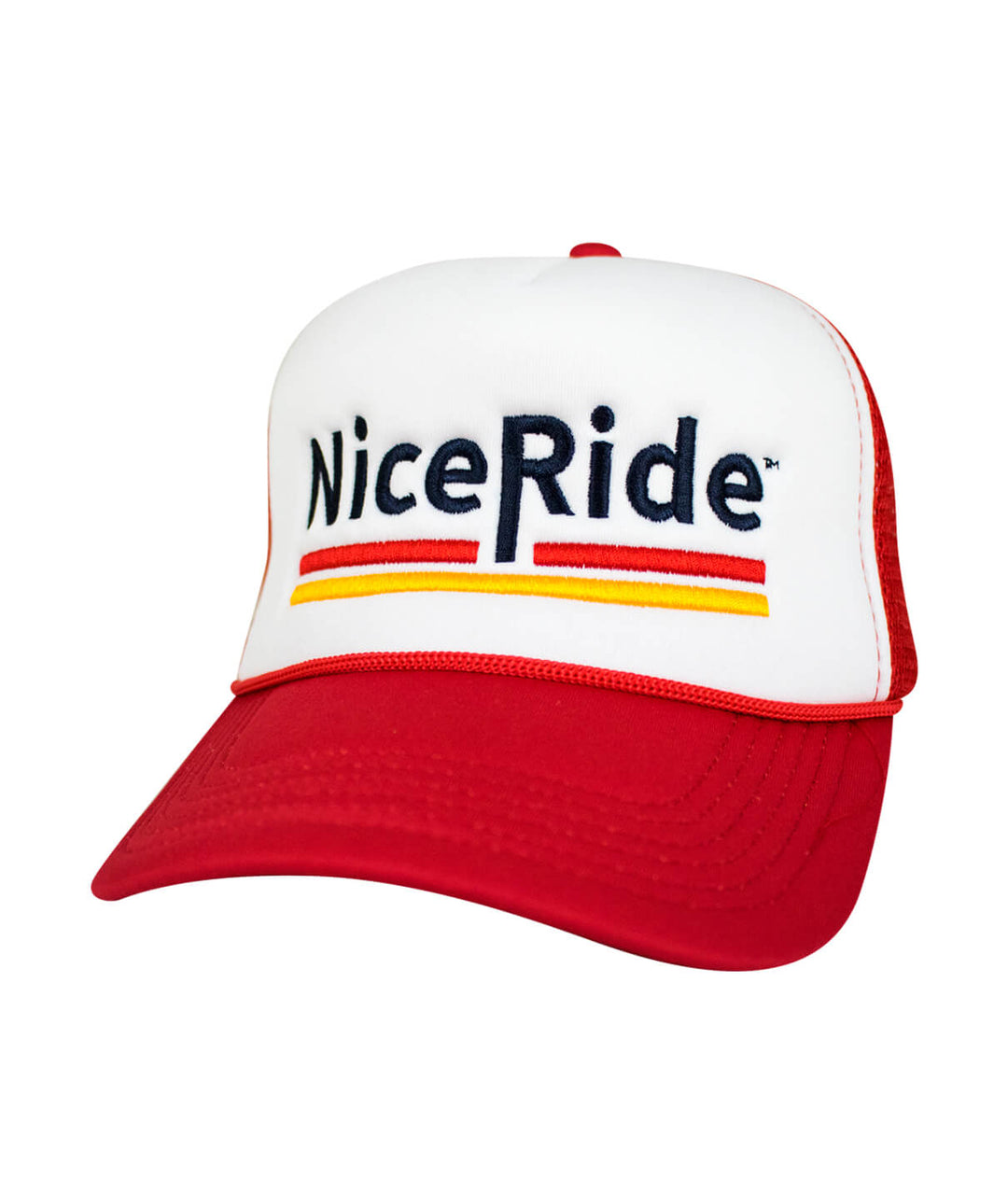 Low Tide Foam Trucker Baseball Hat featuring embroidered NiceRide logo in red and white.