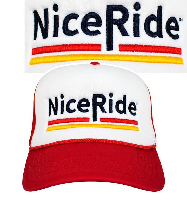 Low Tide Foam Trucker Baseball Hat featuring NiceRide embroidery in red, white, and yellow colors, perfect summer hat.