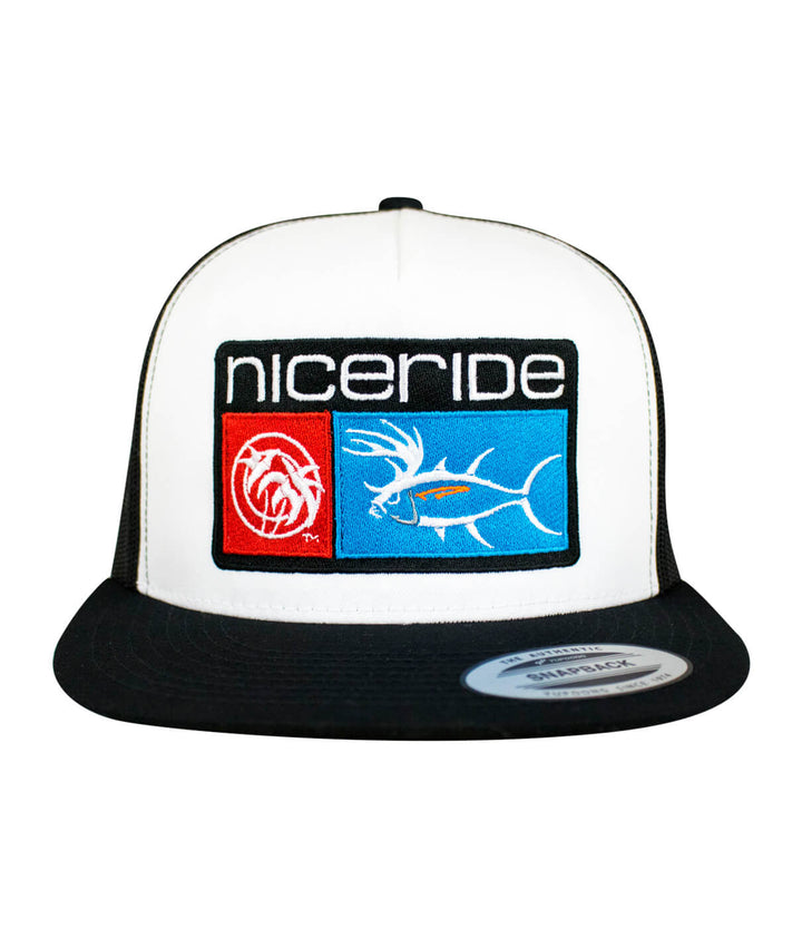 NICERIDE Buck-Eye Combo unisex snapback trucker hat in black and white with embroidered design.