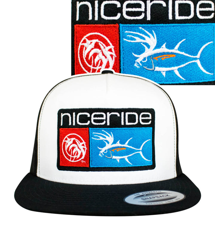 NICERIDE Buck-Eye Combo unisex snapback trucker hat in black and white with embroidered fish design