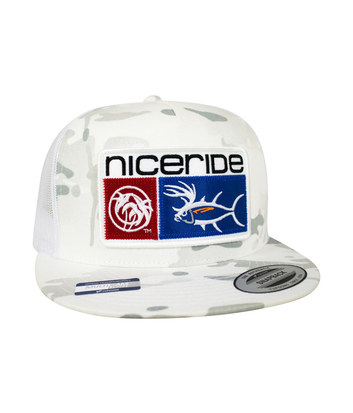 Buck-Eye Combo Patch unisex snapback trucker hat with NICERIDE logo in white camo design.