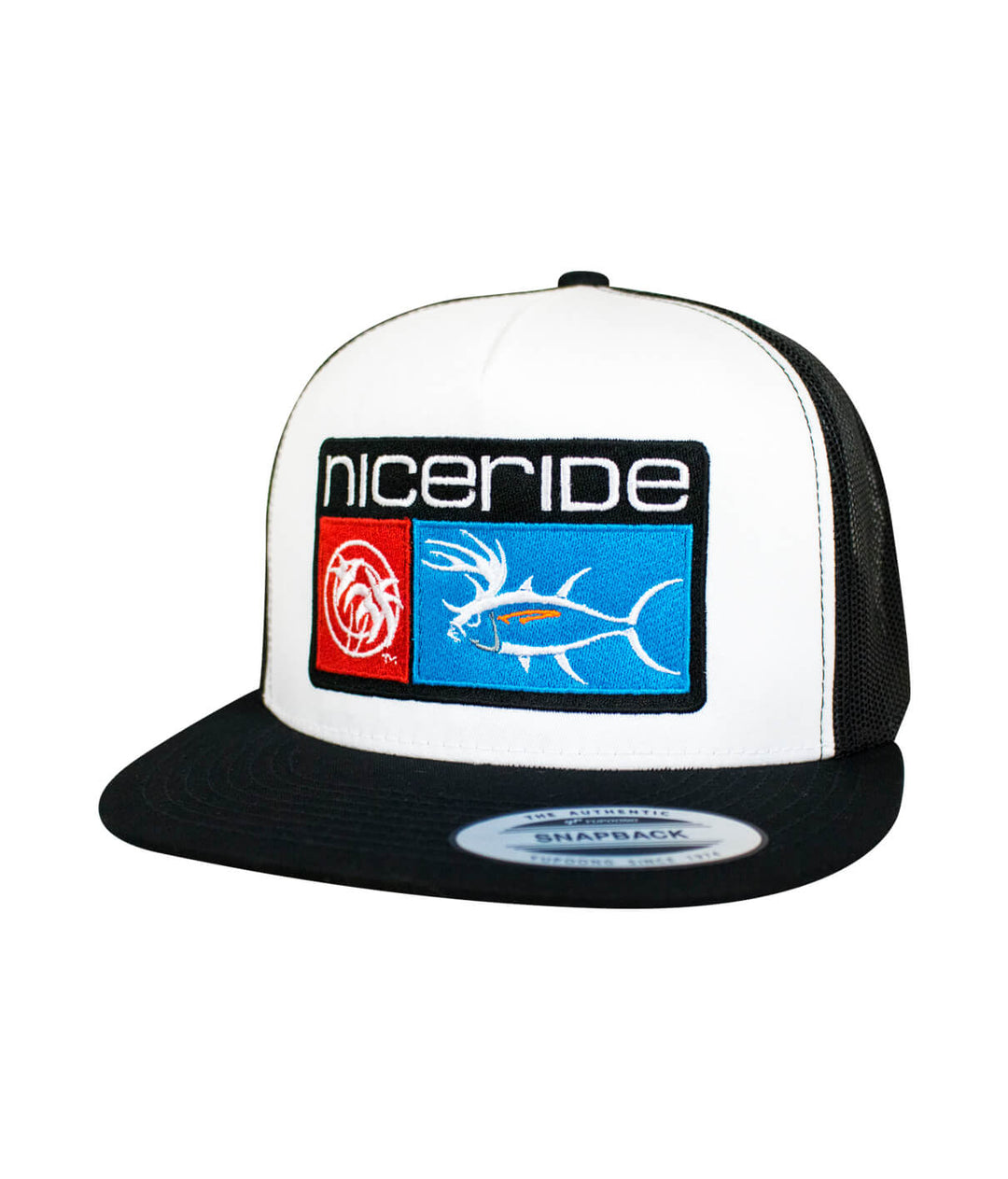 NICERIDE Buck-Eye Combo unisex snapback trucker hat in black/white with bold embroidered design.