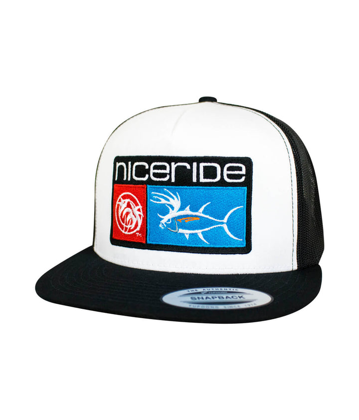 NICERIDE Buck-Eye Combo unisex snapback trucker hat in black/white with bold embroidered design.