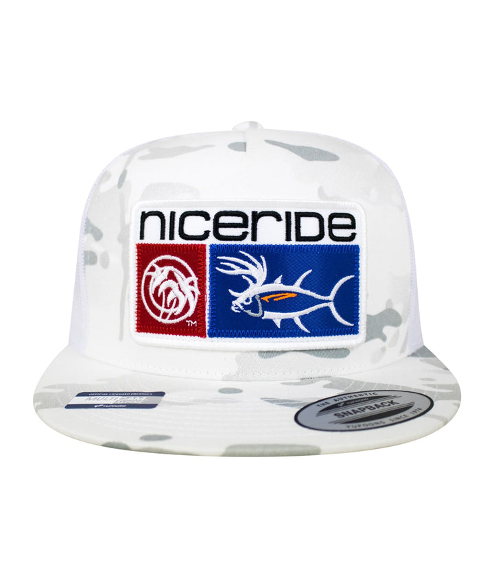 Buck-Eye Combo Patch unisex snapback trucker hat with embroidered designs on front and back.