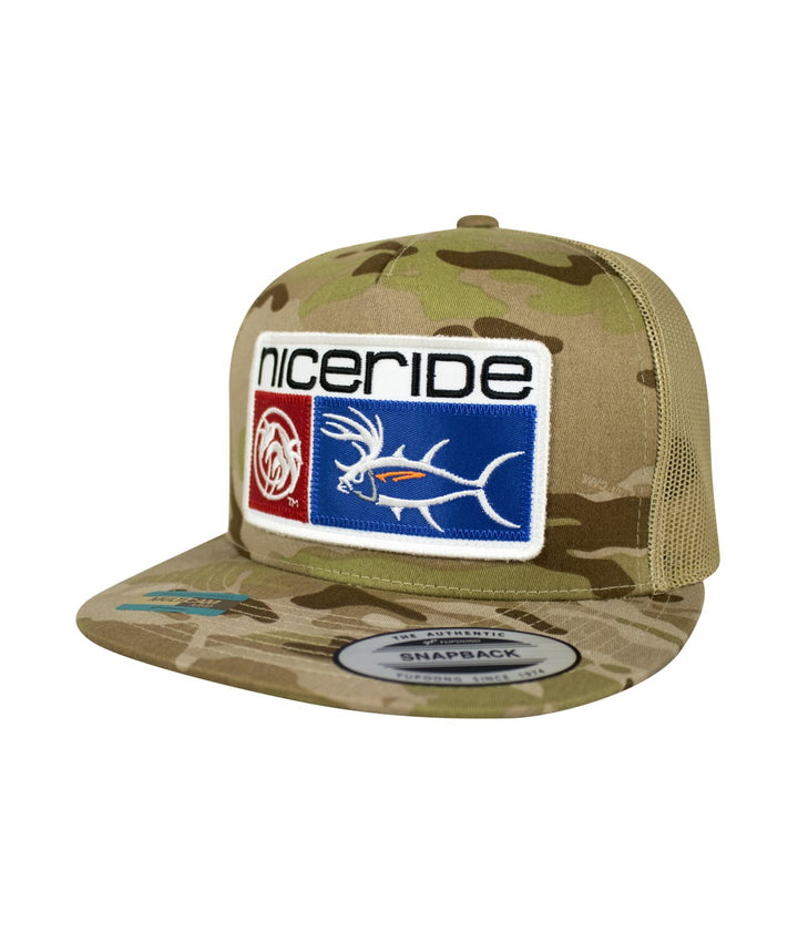 Buck-Eye Combo Patch unisex snapback trucker hat with embroidered design in camouflage, perfect for fishing and outdoor activities.