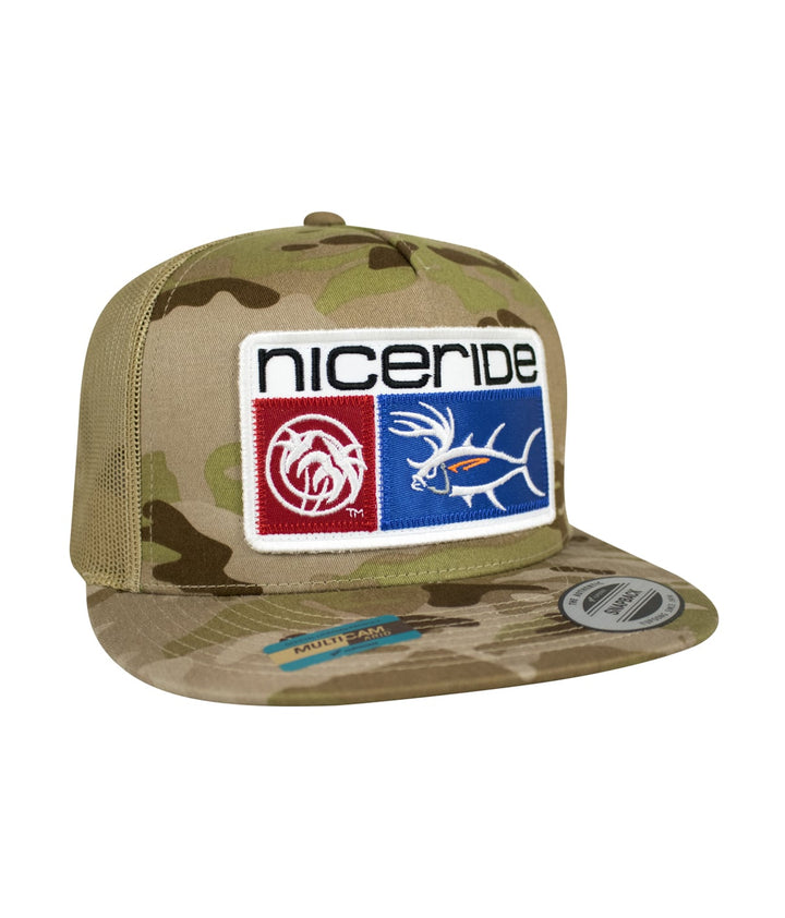 Buck-Eye Combo Patch unisex snapback trucker hat with camouflage design and embroidered logos by NICERIDE.