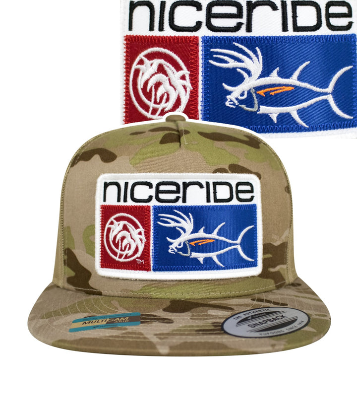 Buck-Eye Combo Patch unisex snapback trucker hat with camo design and NICERIDE logo patch.