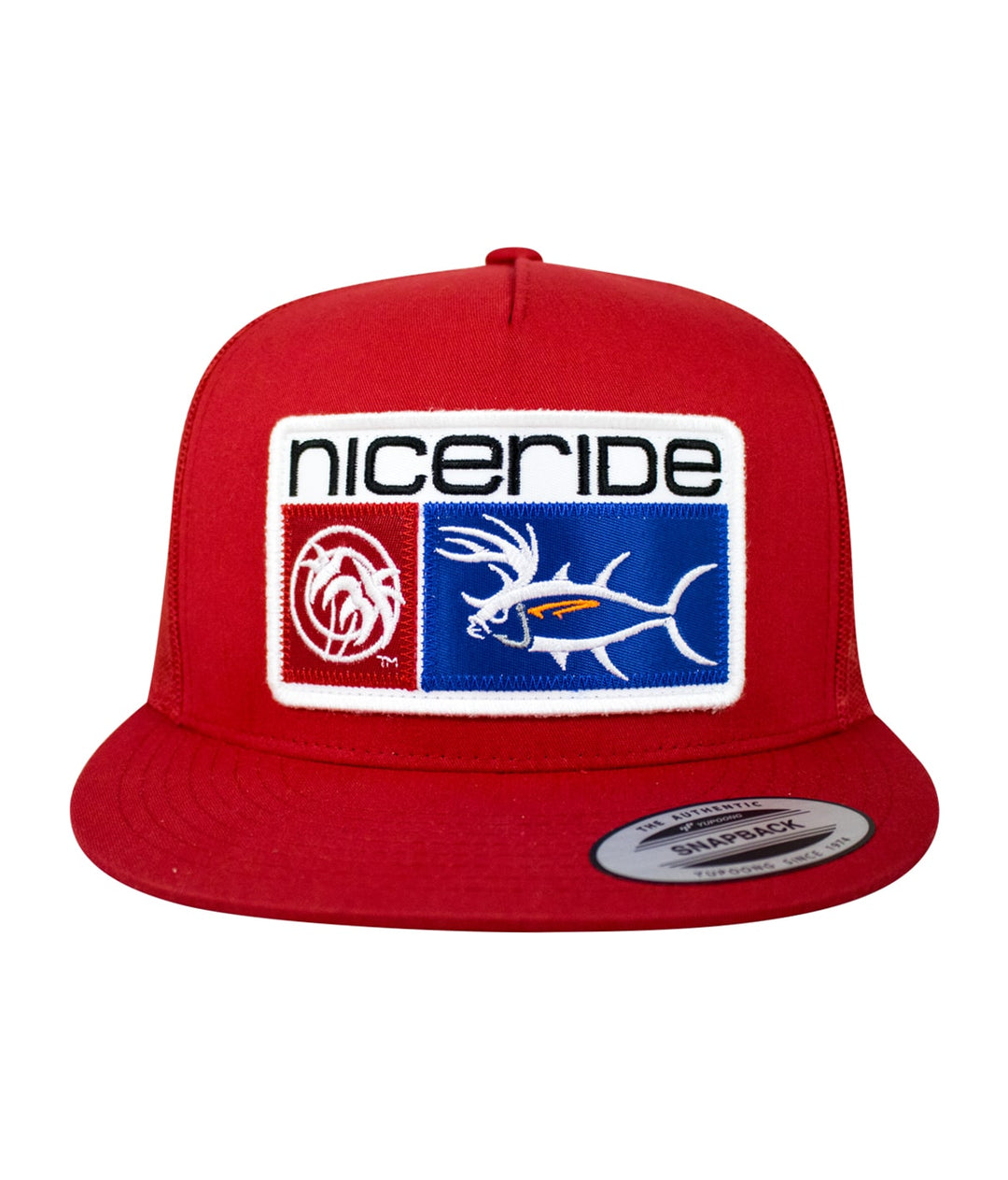 Buck-Eye Combo Patch unisex snapback trucker hat by NICERIDE in red with embroidered logo design.