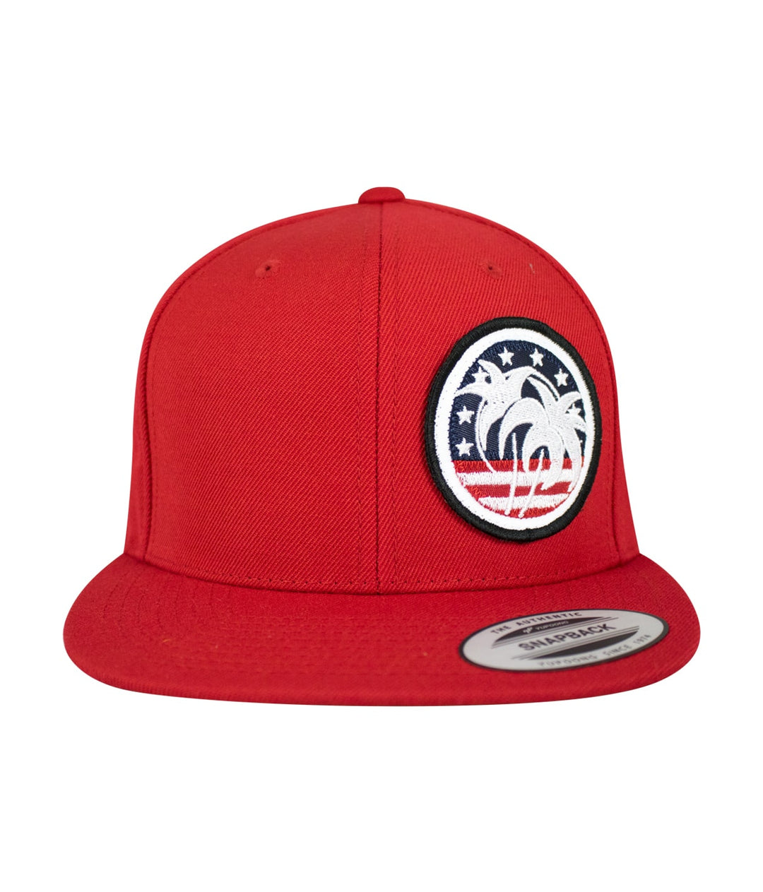 Red flatbill snapback hat featuring a palm tree and Americana patch design.