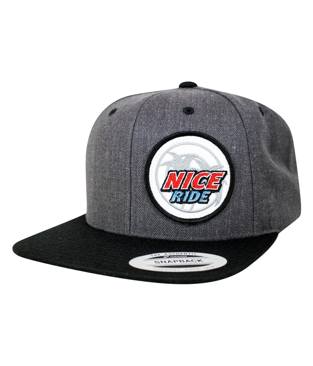 NICERIDE Choo Choo Patch flatbill snapback hat featuring a bold embroidered logo on a gray cap.