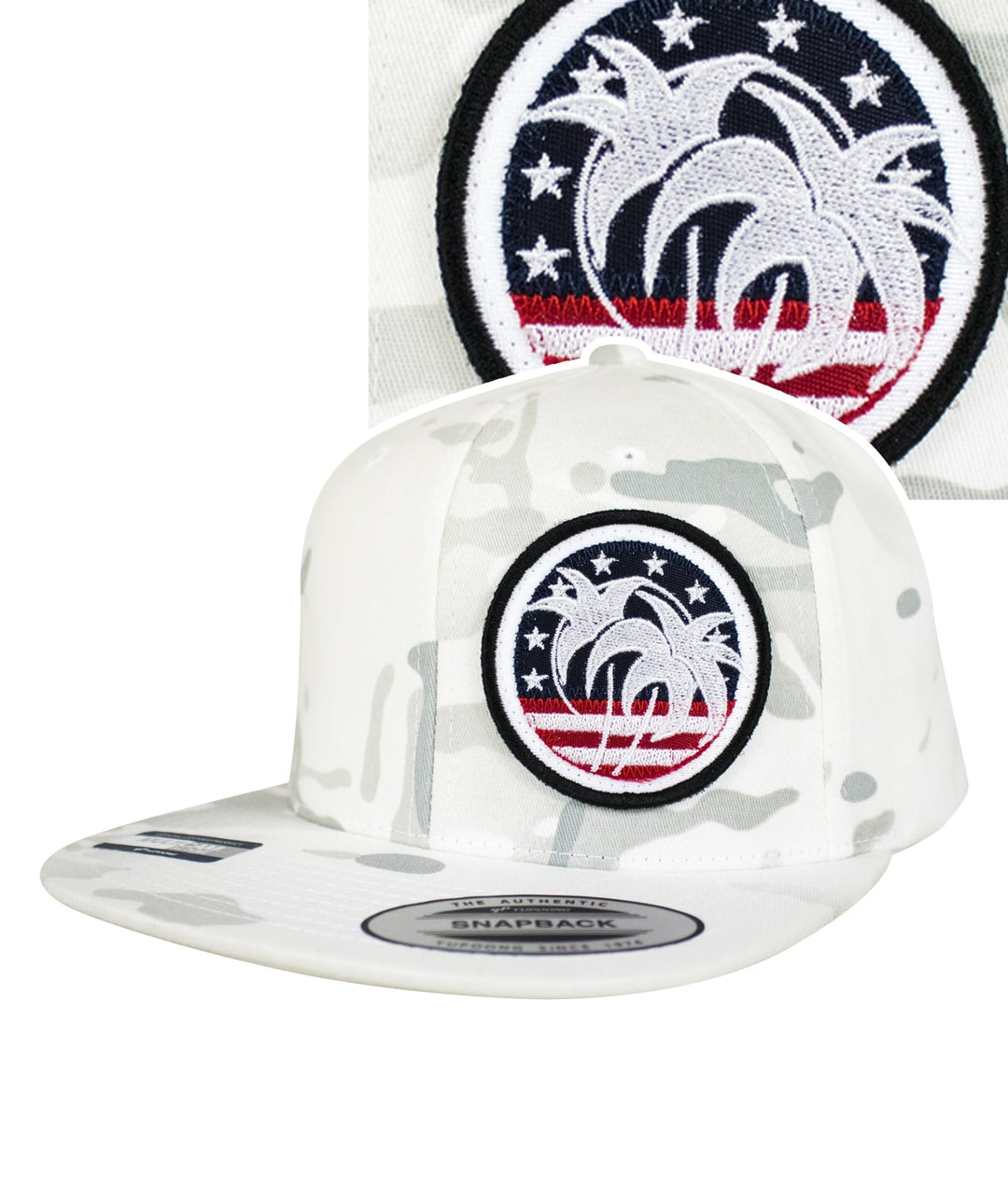 White camouflage snapback hat featuring palm tree and Americana patch design.